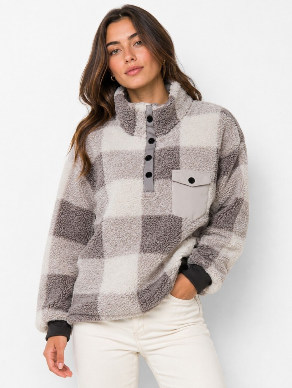 Chicyea Sherpa Buffalo Plaid Pullover Top Gray White XXL
